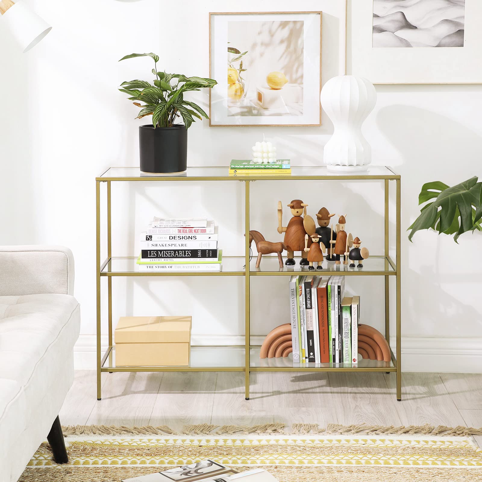 VASAGLE 39.4 Inch Console Table with 3 Shelves, Sofa Tables, Modern Entryway Table, Metal Frame, Tempered Glass Shelf, Entryway Living Room Bedroom, Metallic Gold and Transparent ULGT27G