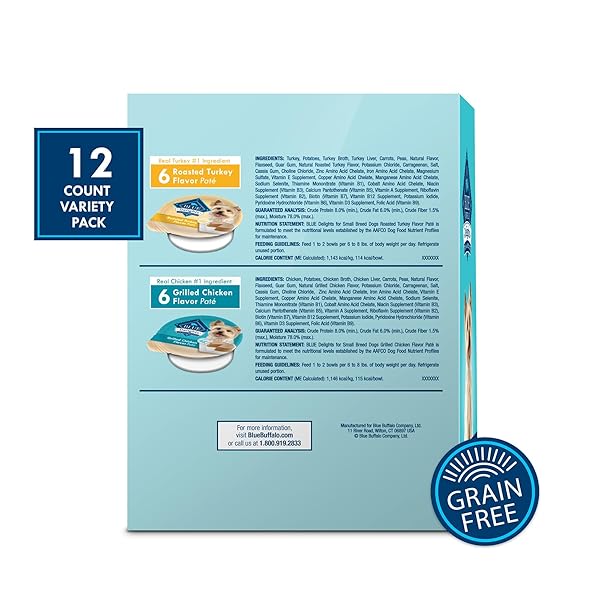 BLUE BUFFALO DELIGHTS SMALL BREED NATURAL WET DOG FOOD VARIETY PACK, ROASTED TURKEY PATÉ AND GRILLED CHICKEN PATÉ, 3.5-OZ CUPS, 12 COUNT