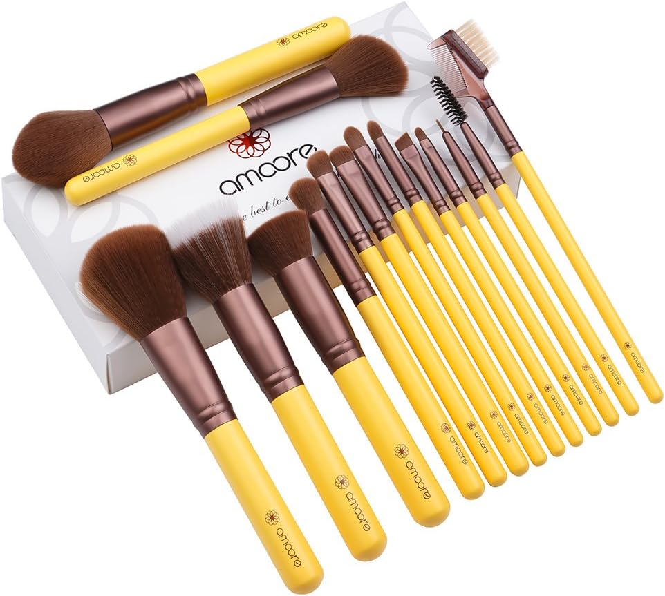 Make up Brushes, amoore 15pcs Makeup Brushes Set Make up Brush Foundation Brush Powder Brush Concealer Brush Eyeshadow Brush (15 Pcs, Yellow)