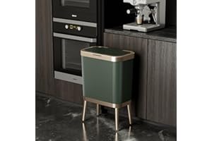 TODAYGO Small Trash Can with Lid, 4 Gal/15l Kitchen Garbage Can, Slim Trash Bin with Legs, Pet Proof Plastic Wastebaskets, Skinny Trash Can, Thin Garbage Can Kitchen, Bathroom Trash Cans,Green with Gold Edge