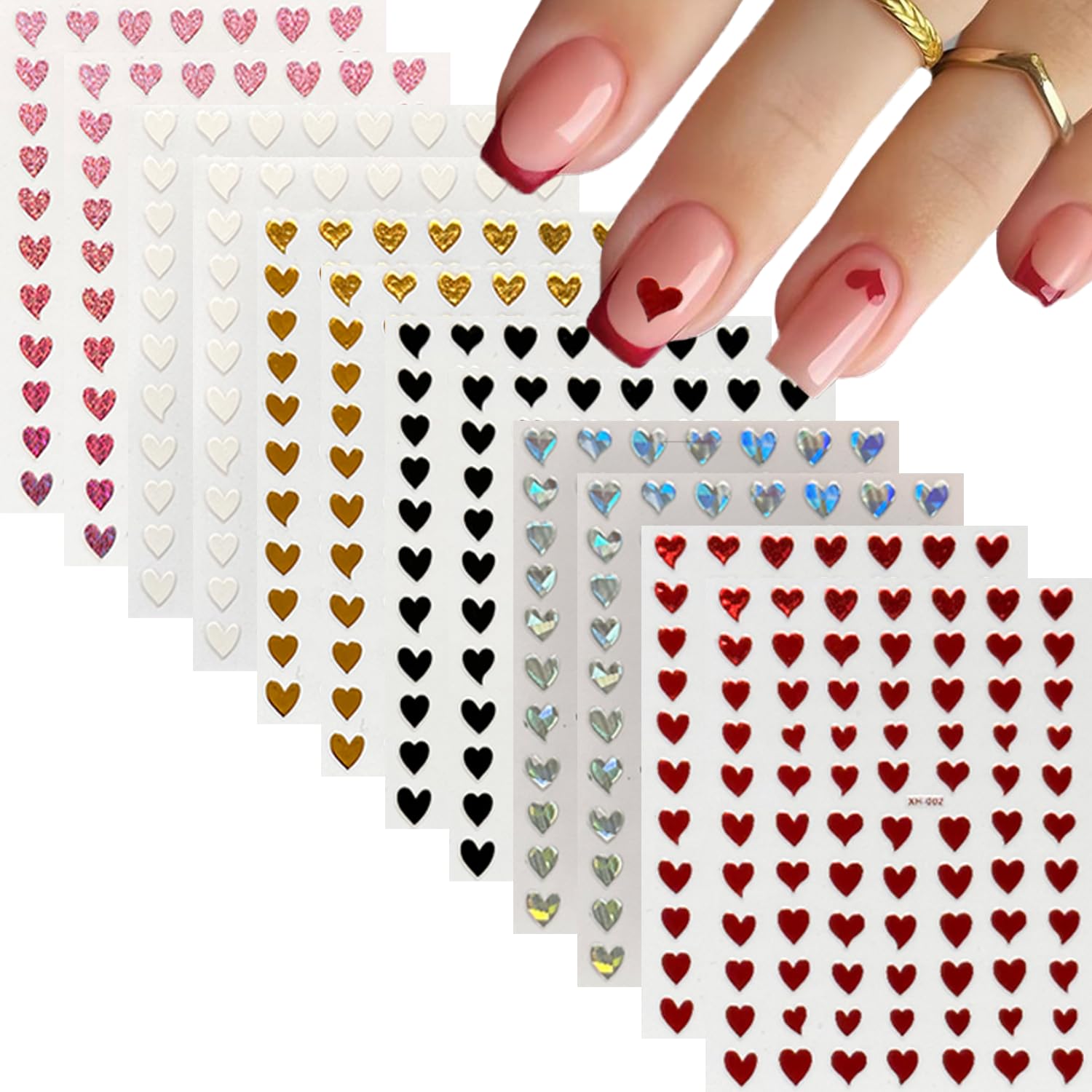 Photo 1 of 12 Sheets Self-Adhesive Heart Nail Stickers for Valentine's Day - 3D Pink Red Aurora Gold Decals for Nail Art Design - Supplies for Women