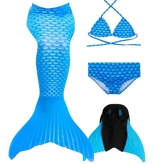 GNFUN Meerjungfrau Schwanz mit Meerjungfrau Badeanzug Schwanzflosse Zum Schwimmen Kostüm Für Kinder Mädchen Bikini Set und Mo