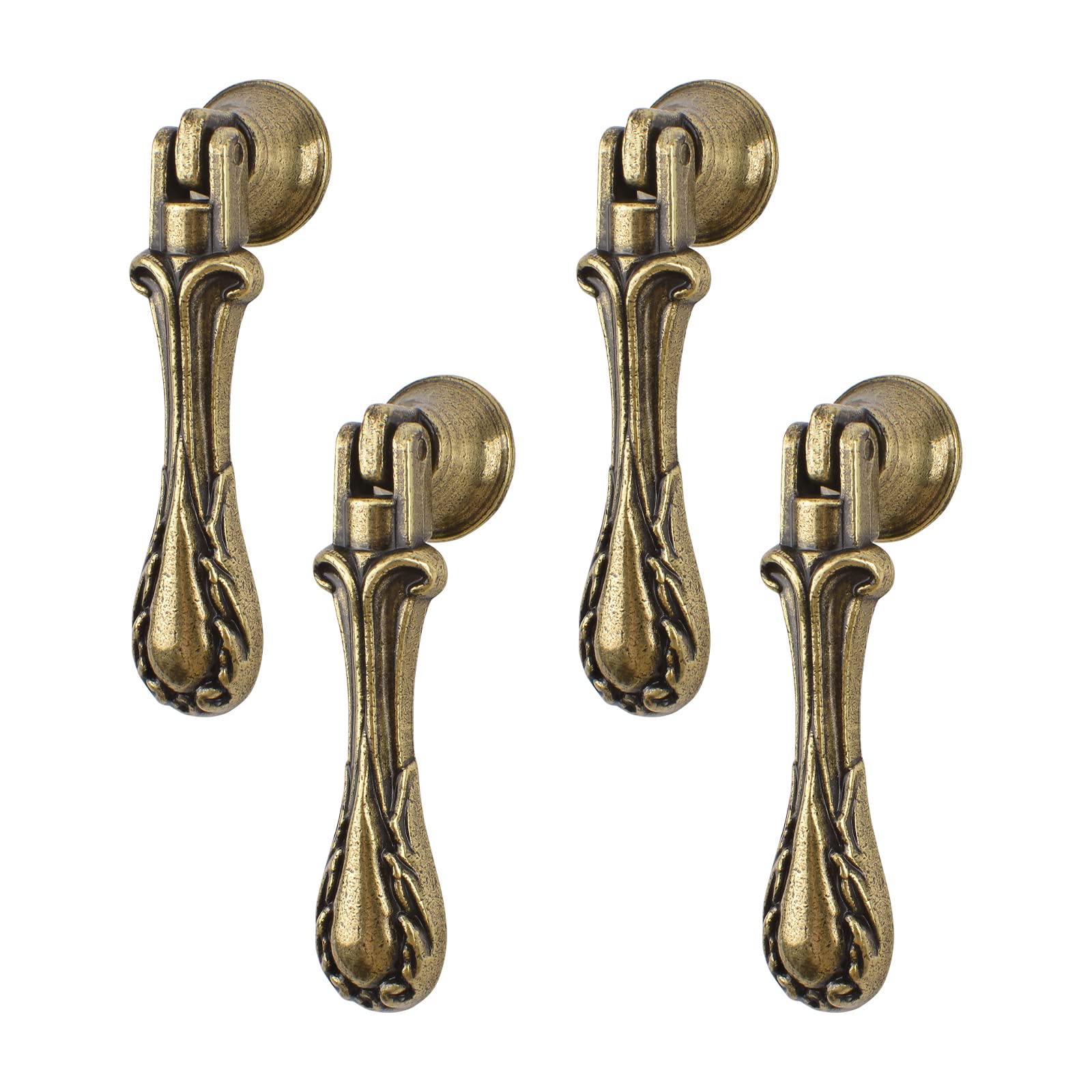 MOROBOR Vintage Pendant Pulls, 4pcs Carved Teardrop-Shaped Zinc Alloy Knobs Green Bronze Single Hole Handle for Cabinets Wardrobe Cupboard Closets Drawer Door Furniture Decorative