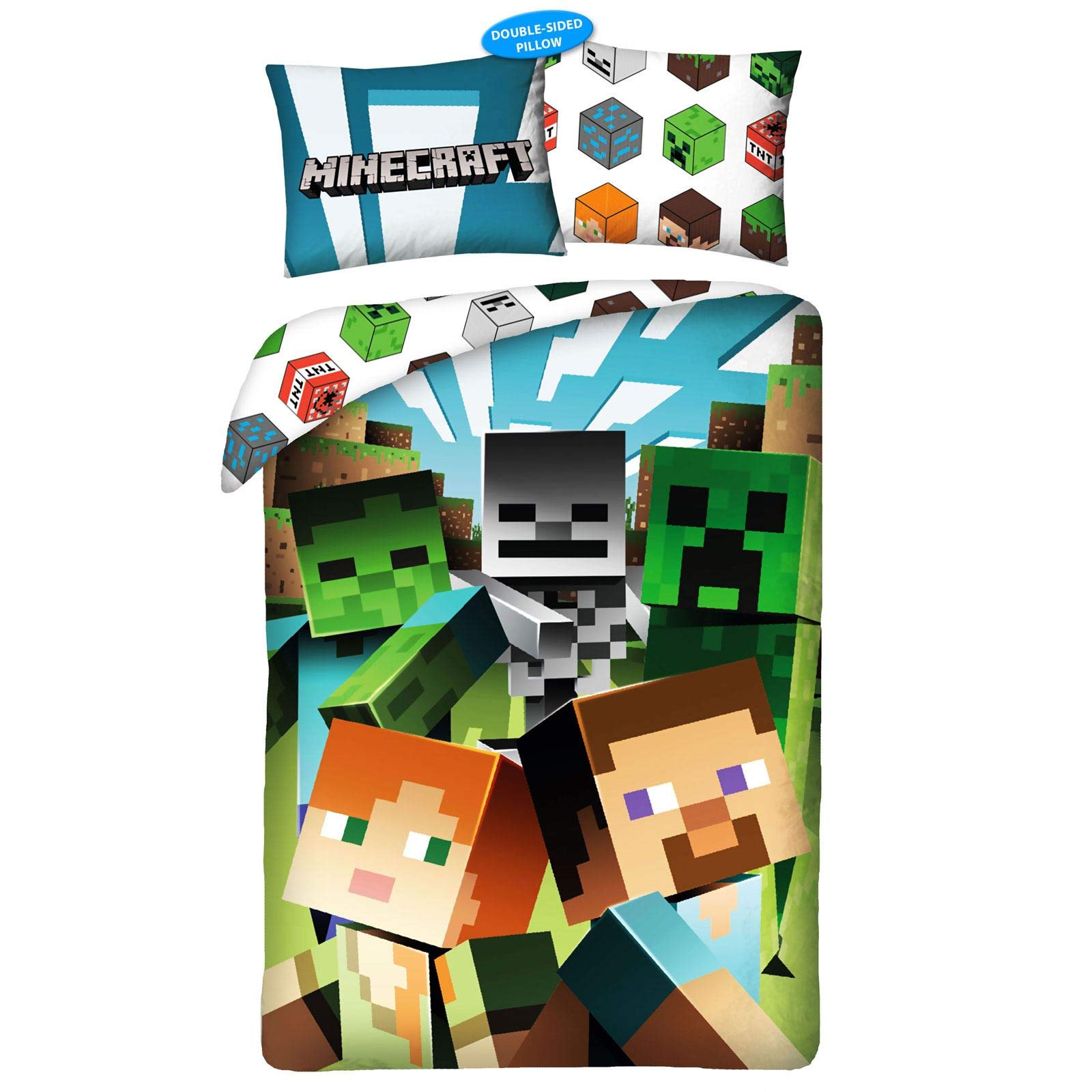 Halantex - Minecraft Steve Alex Zombie children's bed linen set - 2 pieces: duvet cover 140 x 200 cm and 1 pillowcase - Green - Oeko-Tex - MNC-200-BL