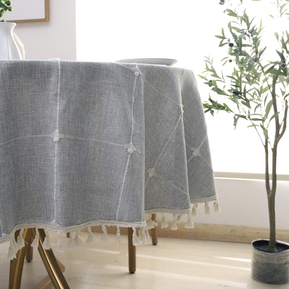 SPRICA Round Tablecloth, Cotton Linen Tassel Table Cover for Kitchen Dinner Table, Decorative Jacquard Table Desk Cover, Diameter 150cm/60in, Cross Pattern Gray: Furniture & Decor