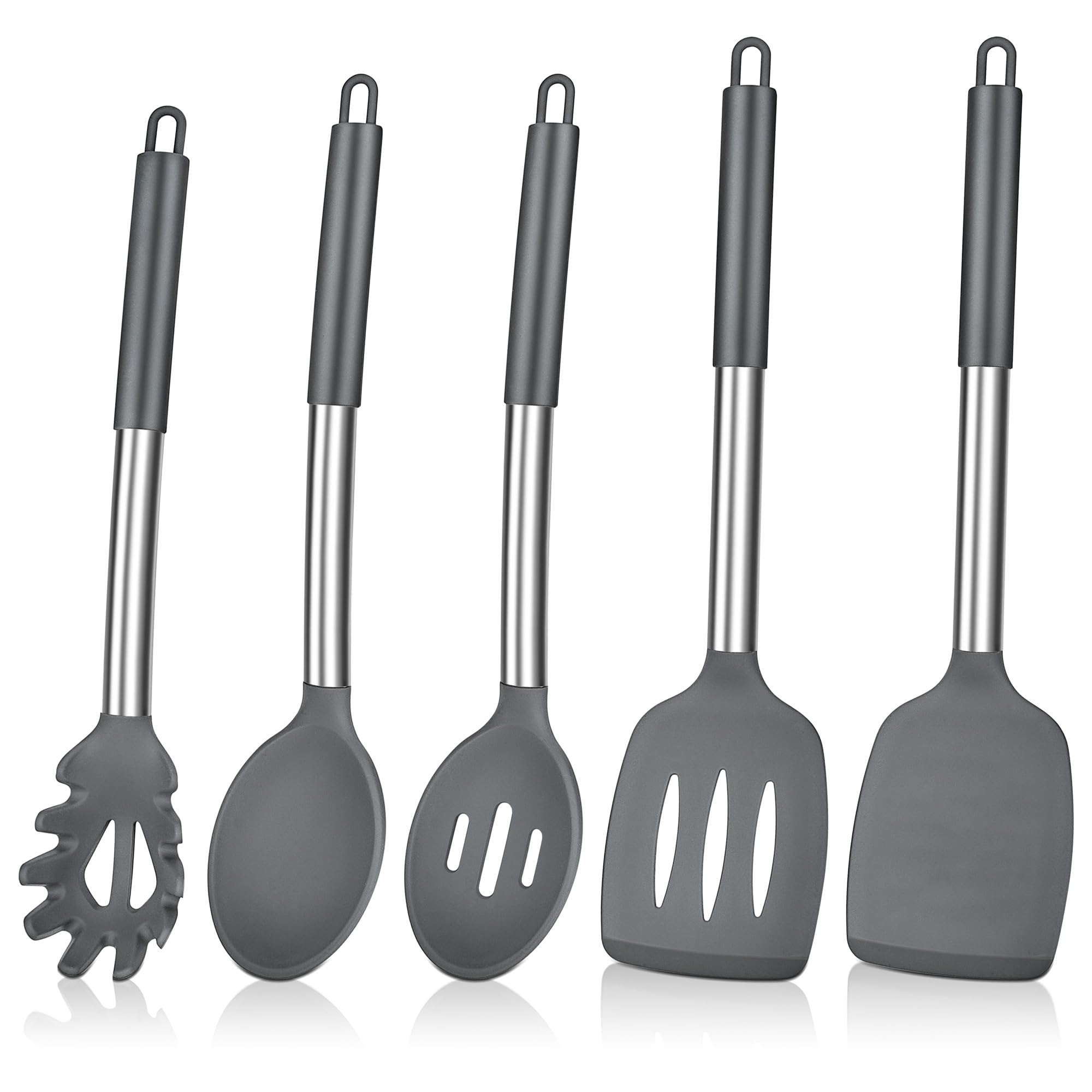 Herogo Kitchen Utensils Set, 5 Pieces Silicone Cooking Utensil with Stainless Steel Handle, Heat Resistant Kitchen Cooking Tools Turner Spoon Spatula for Nonstick Cookware Pan – Grey