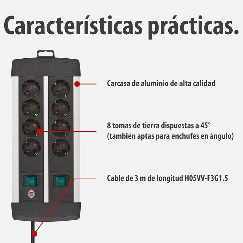 Premium-ALU-Line regleta enchufes con 8 Tomas y Interruptor Individual (regleta para Montaje en Pared, Cable de 3 m, 2X Interruptor Iluminado, Fabricado en Alemania)