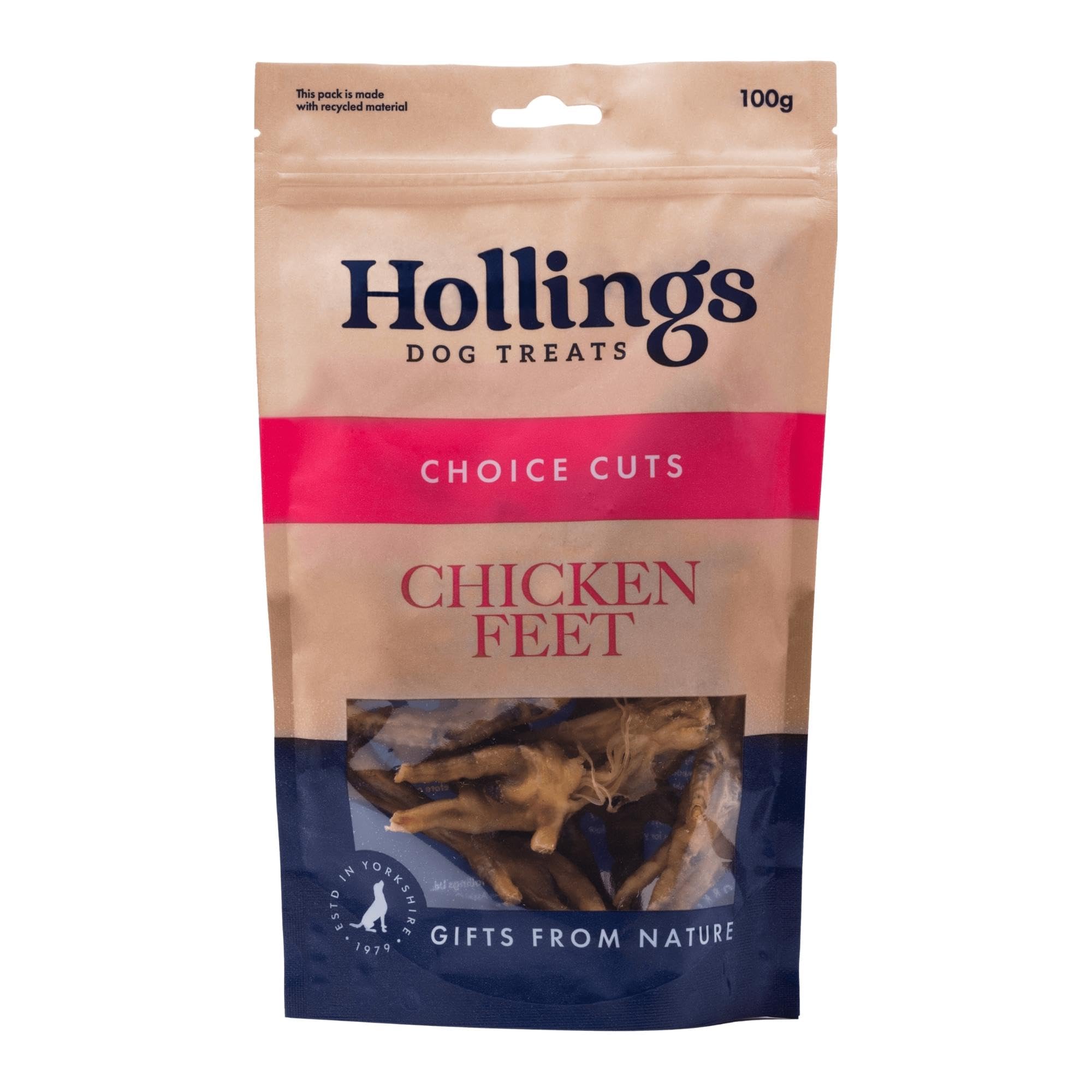 Hollings Chicken Feet Dog Treats, 100% Natural & Crunchy Treats for Adult Dogs, Grain Free & High in Protein (100g)