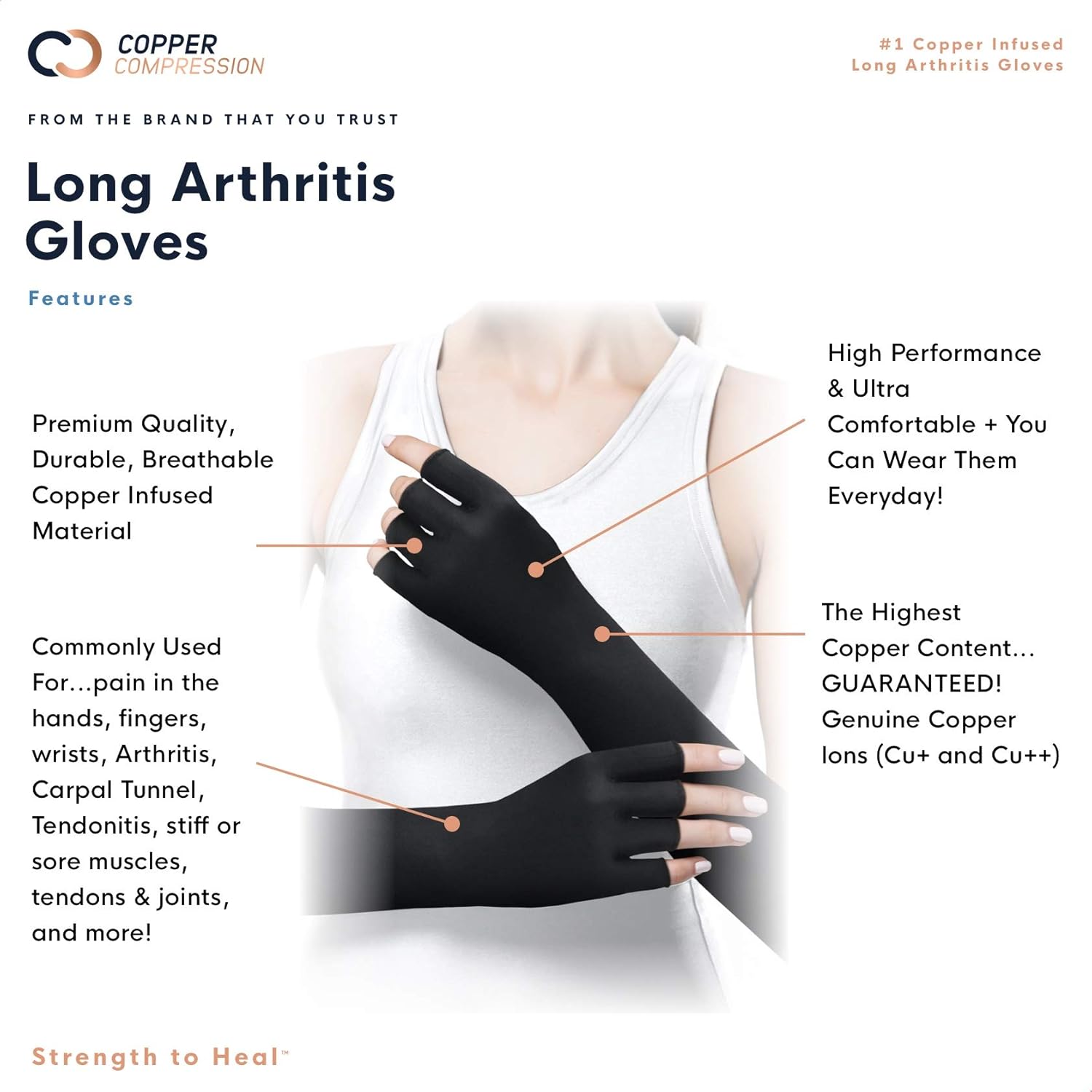 Copper Compression Long Arthritis Gloves - Guaranteed Highest Copper Content. Best Copper Infused Extra Long Fit Glove for Women + Men Carpal Tunnel Computer Typing Support Hands Wrist 1 Pair (Medium): Industrial & Scientific