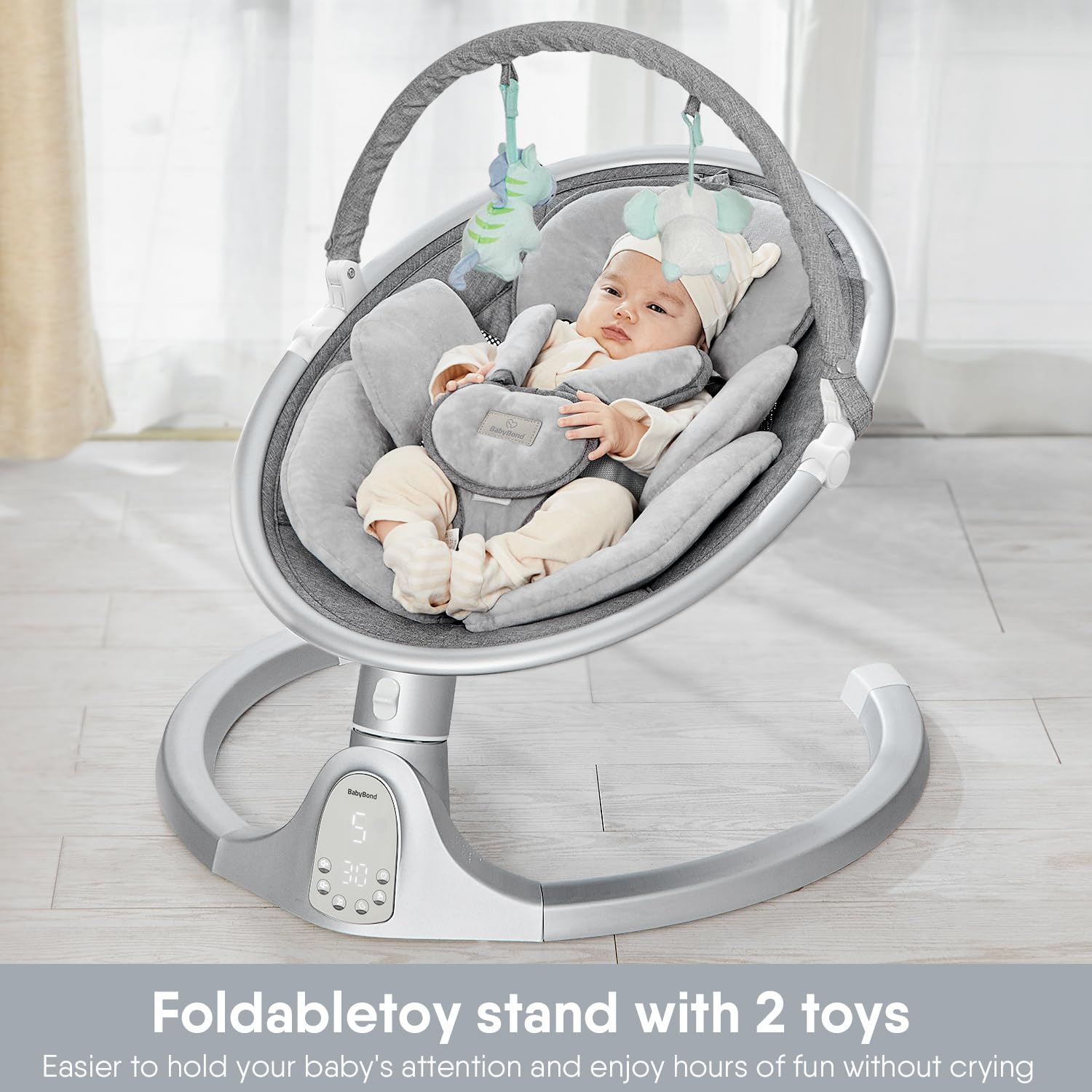 BabyBond Baby Swings for Infants, Bluetooth Infant Swing with 3 Seat Positions, 5 Natural Sway Motion and 5-Point Harness, Portable Baby Swing for Indoor and Outdoor, Silver