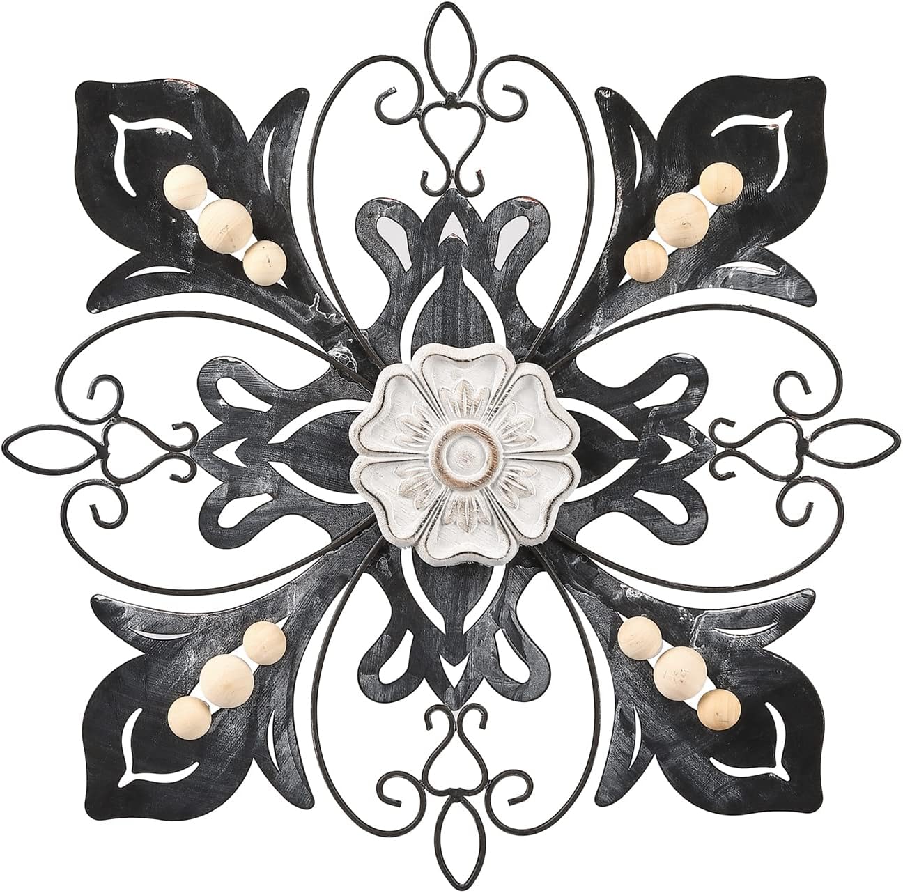 Plaques & Wall Art - frymucz 15” Metal Flowers Wall Decor Metal Fleur-De-Lis Floral Wall Art Hanging Metal Scroll Flowers Decoration Outdoor Wall Sculpture with Wooden Beads and Flower for Garden