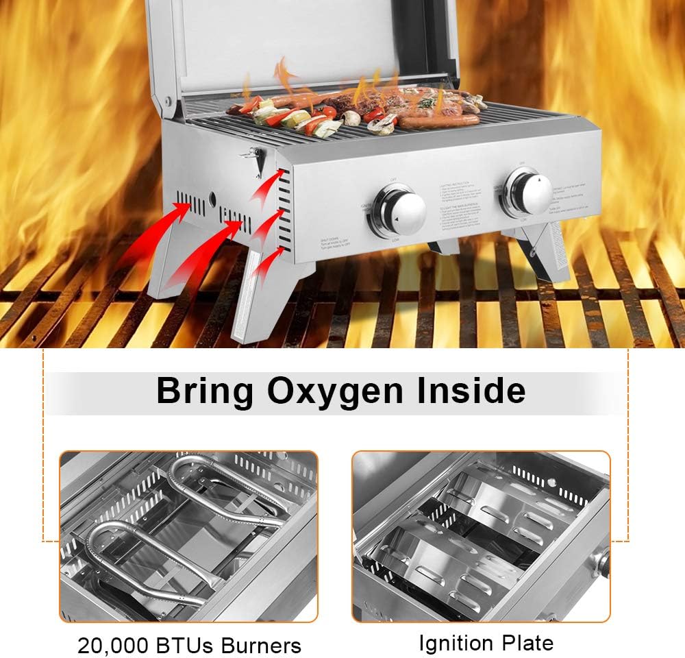 review Goujxcy Portable Propane BBQ Gas Grill,Mini Tabletop Stainless Steel 2-Burner Gas Grill 20000 BTU for Outdoor Camping Picnic(Silver)