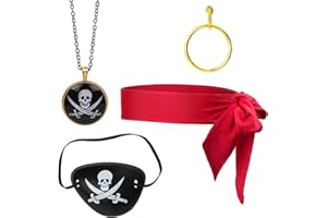 Beelittle Captain Pirate Costume Accessories Set Red Headband Pirate Skull Eye Patch Gold Earrring Necklace