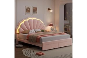 HIFIT Full Size Upholstered Smart LED Bed Frame with 2 Storage Drawers and Adjustable Chic Double Petal Headboard, Princess Platform Bed for Girls, Solid Wood Slats Support/No Box Spring Needed, Pink