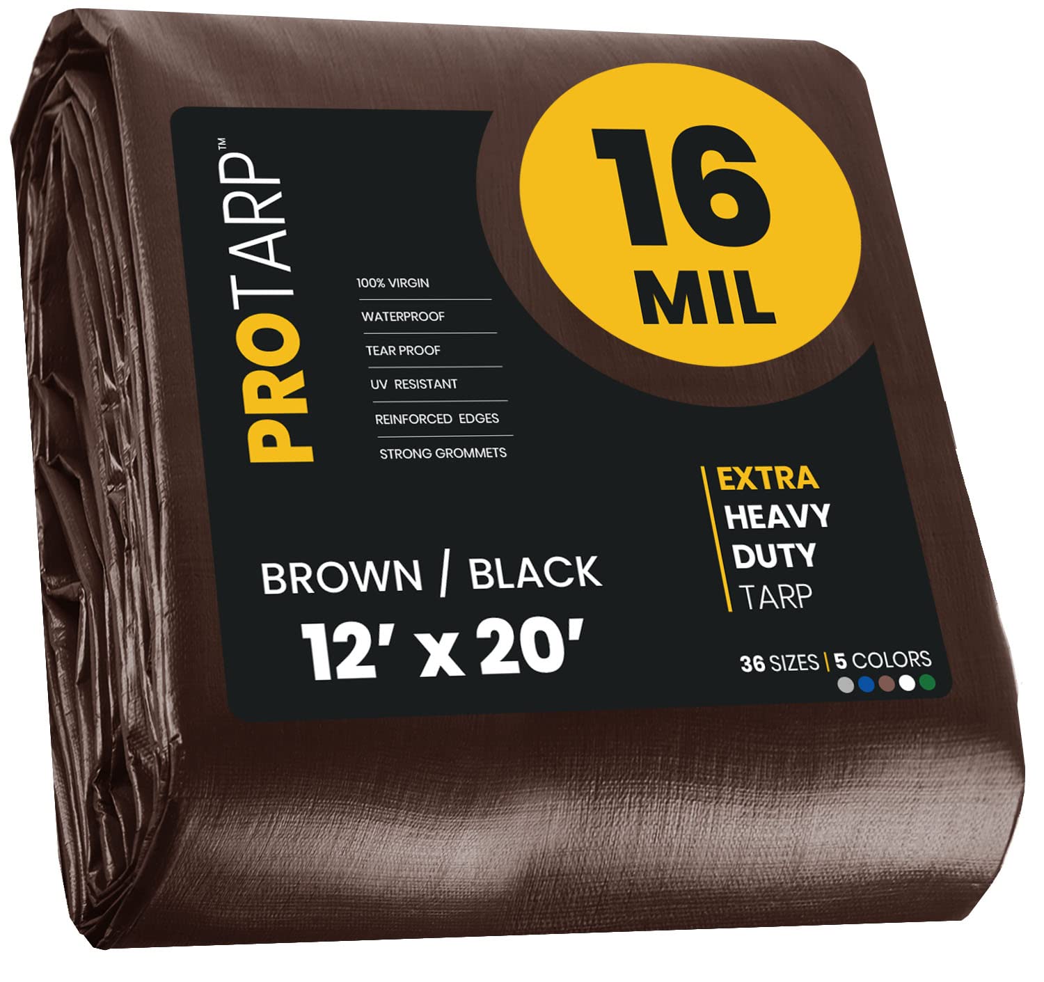 PROTARP Extra Heavy Duty 16 Mil Tarp Cover, Waterproof, UV Resistant, Rip and Tear Proof, Poly Tarpaulin with Reinforced Edges for Roof, Camping, Patio, Pool, Boat. (Brown/Black 12′ X 20′) Image