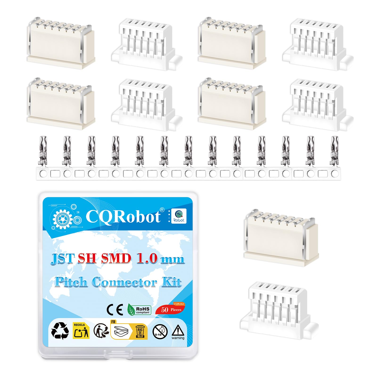 CQRobot JST SH SMD 1.0 mm Pitch 6-Pin Electronic Computer Connector IC Male Plugs, Female Sockets Housing and T-Shaped Crimp Terminal Kit. 50 Sets/400 Pieces Wire-to-Board Adapter Cable Assembly.