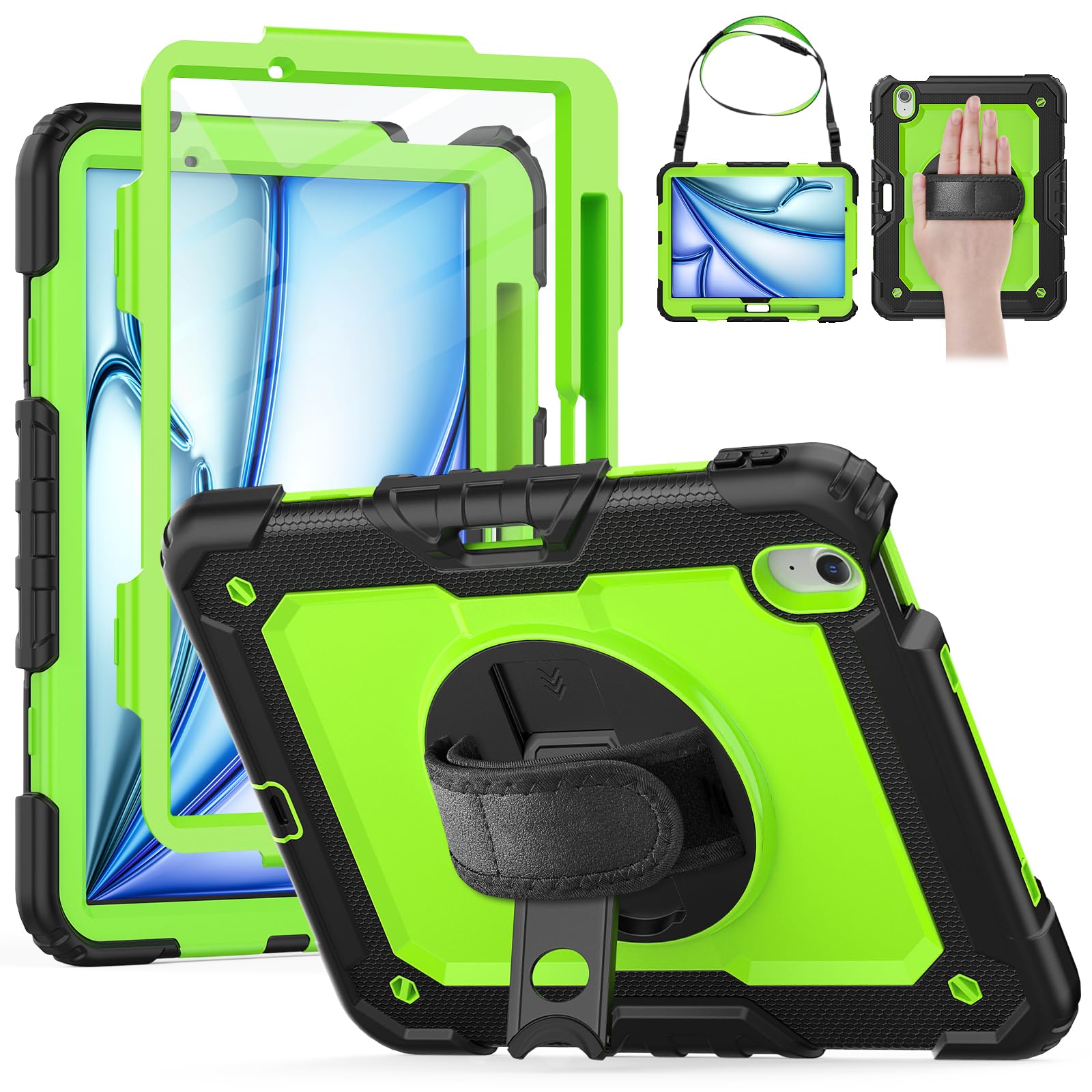 Photo 1 of HXCASEAC Rugged Case for iPad Air 11 inch M3 M2 (2025 2024), Heavy Duty Protective Design with Pencil Holder, Built-in Screen Protector, Rotating Stand, Hand Strap, for iPad Air 11 Hard Case (Green)