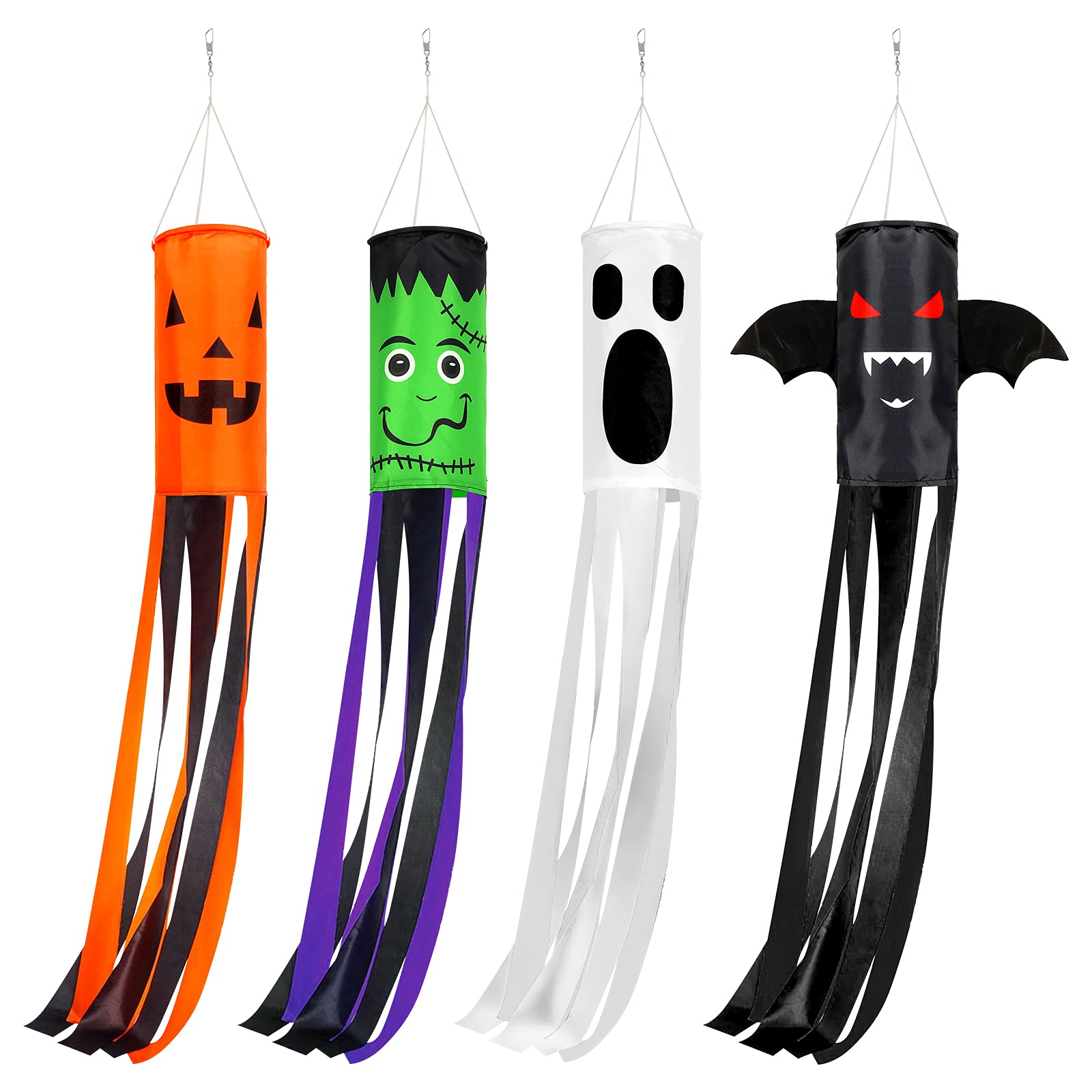 Whaline 4 Pieces Halloween Windsock Flag 39 Inch Spooky Cartoon Flag Wind Socks Pumpkin Bat Ghost Monster Outdoor Hanging Decoration for Home Yard Patio Lawn Garden Tree Party Decoration