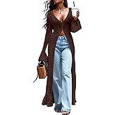 KWSTAIN Cardigan Sweaters for Women Trendy Lightweight Crochet Long Duster Button Up Bell Long Sleeve Ruffle Knit Maxi Dress