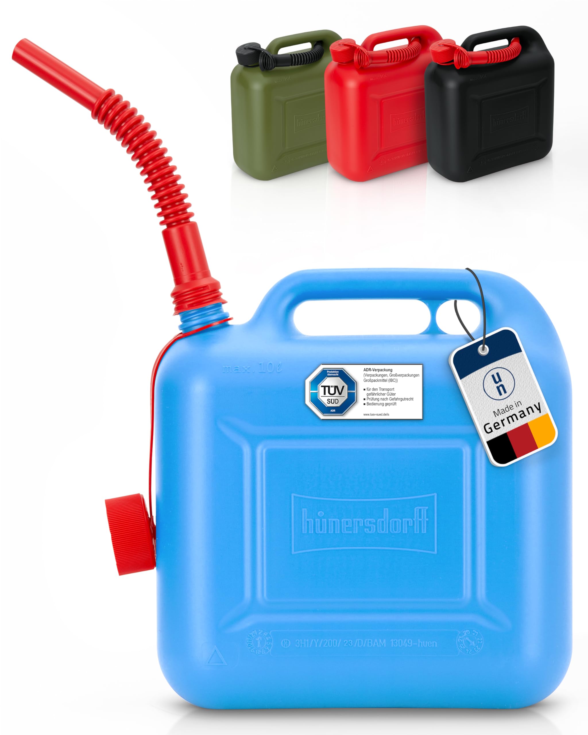 hünersdorff Kraftstoff-Kanister STANDARD 10l für Benzin, Diesel und andere Gefahrgüter, UN-Zulassung, made in Germany, TÜV-geprüfter Produktion, blau 2