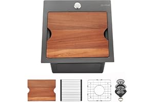 EcoChannels Kitchen Sink, 15 x 15 x 10 inch Kitchen Sinks Small Bar Prep Sink 16 Gauge Gunmetal Black Drop in Kitchen Sink Single Bowl Workstation Sink with Cutting Board