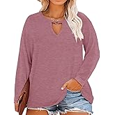 Plus Size Tops for Women Key Hole Round V Neck Blouses Long Sleeve Cut Out Sexy Tops Tee Casual Fall Shirts 1XL-5XL