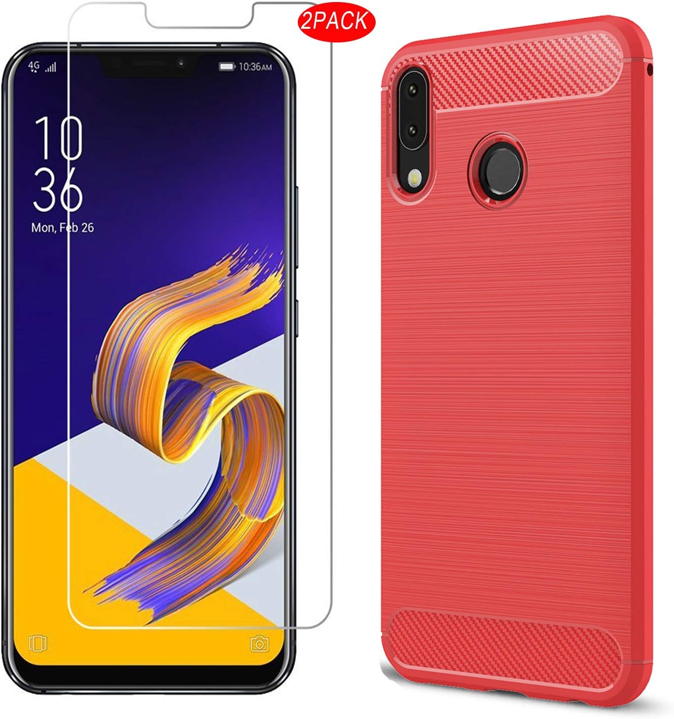 Mybloo Zenfone 5 ZE620KL/S620KL Case With Screen Protector,[3 in 1] Soft Slim Flex TPU Silicone Phone Case + [2 PACK] 9H Tempered Glass Screen Protector For Asus Zenfone 5 ZE620KL,Red