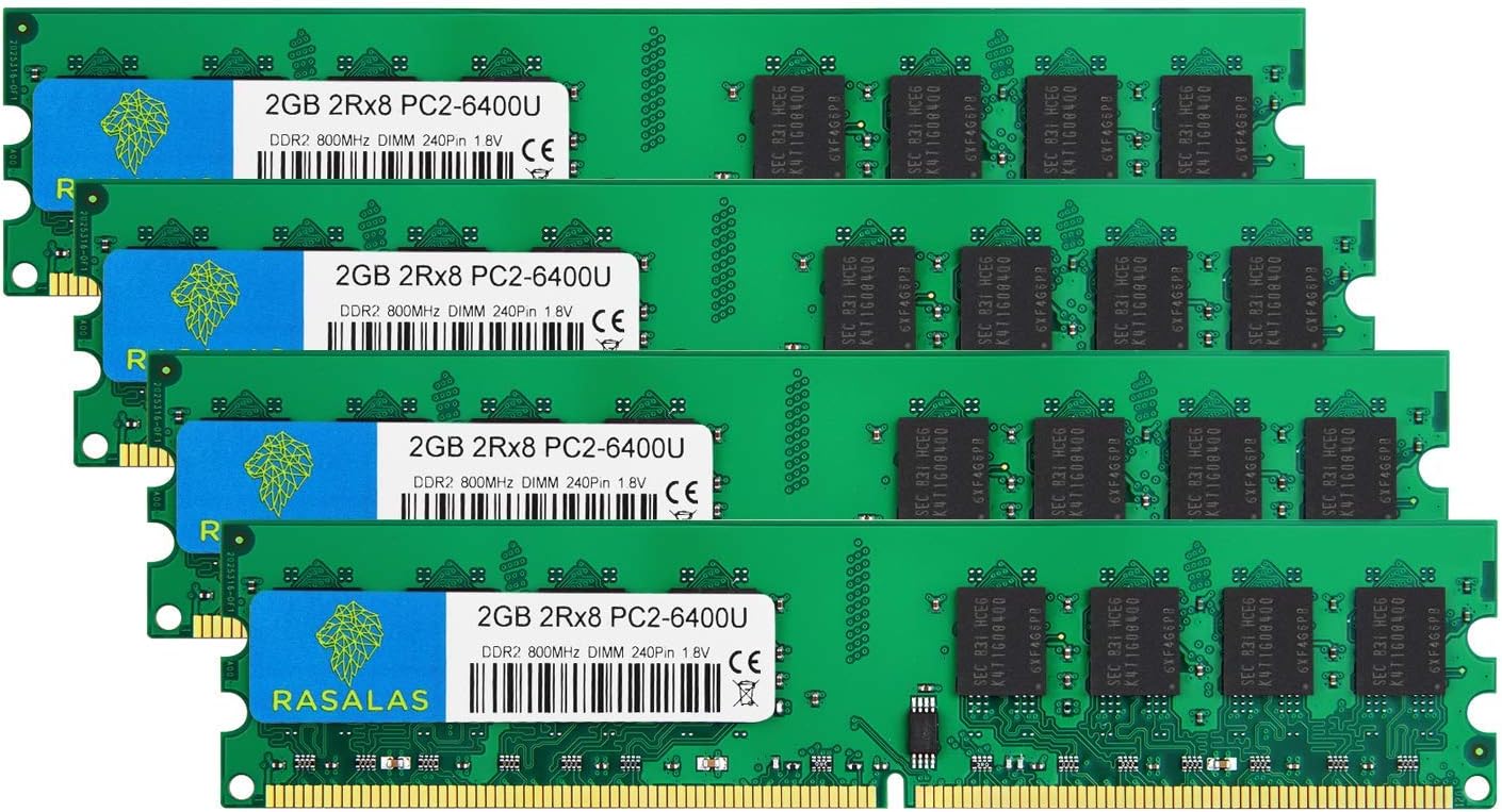 Rasalas DDR2 800 PC2-6400 8GB DDR2 Kit (4x2GB) DDR2-800 Udimm 2GB DDR2 Ram 2RX8 1.8V CL6 Non-ECC Unbuffered Desktop RAM Memory Modules