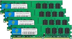 Rasalas DDR2 800 PC2-6400 8GB DDR2 Kit (4x2GB) DDR2-800 Udimm 2GB DDR2 Ram 2RX8 1.8V CL6 Non-ECC Unbuffered Desktop RAM Memory Modules