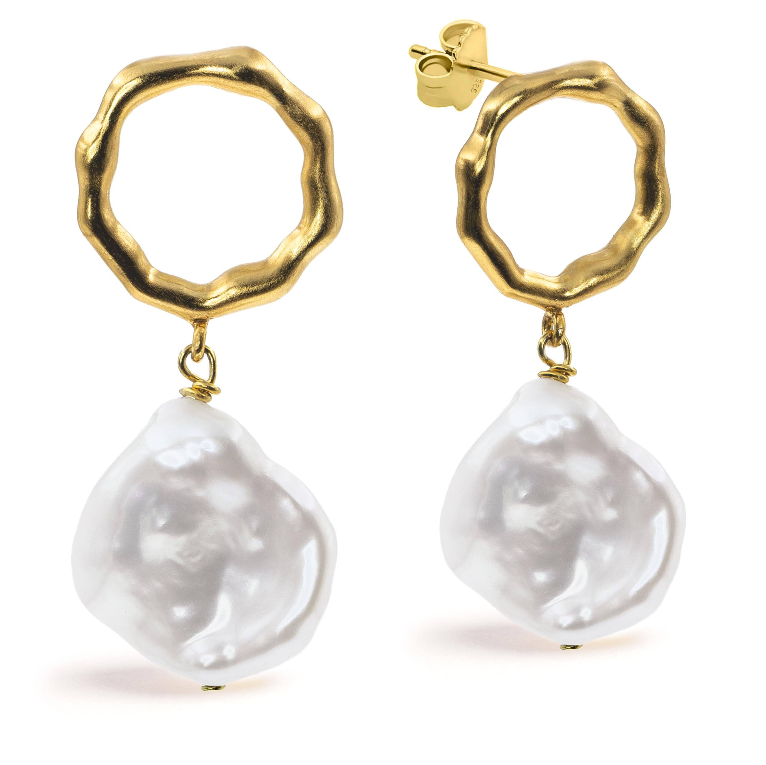 Women Pearl Earrings Freshwater Cultured Pearls | Big Keshi Baroque Pearls 15,00-16,00 mm by Secret & You | 18k Gold Plated 925 Sterling Silver with big Butterfly Backs.