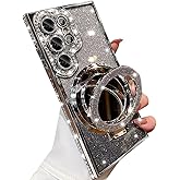 Changjia for Samsung Galaxy S25 Ultra Magnetic Kickstand Glitter Case,[Compatible with Magsafe] Bling Sparkly Rhinestone with Camera Protector Makeup Mirror Women Girl Case for Galaxy S25 Ultra,Silver