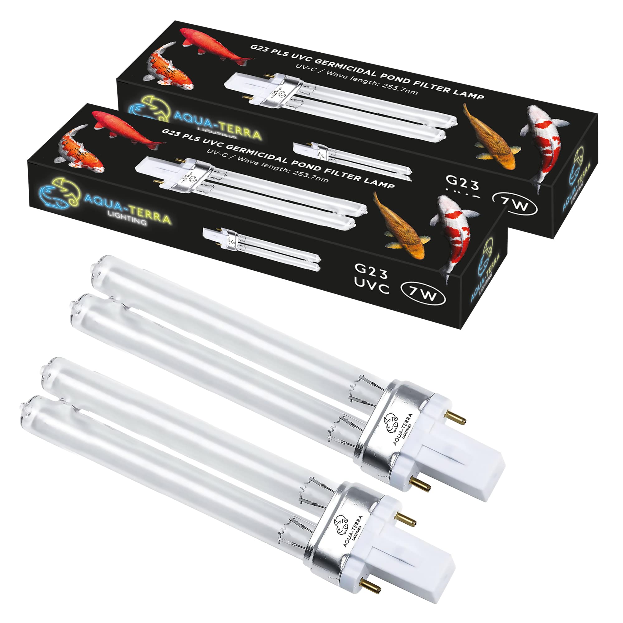 Aqua-Terra Lighting 7W UV-C Pond Filter Bulbs 2 Pack – UVC Ultra Violet Germicidal Bulbs for Filters & Clarifiers – G23 2pin Base