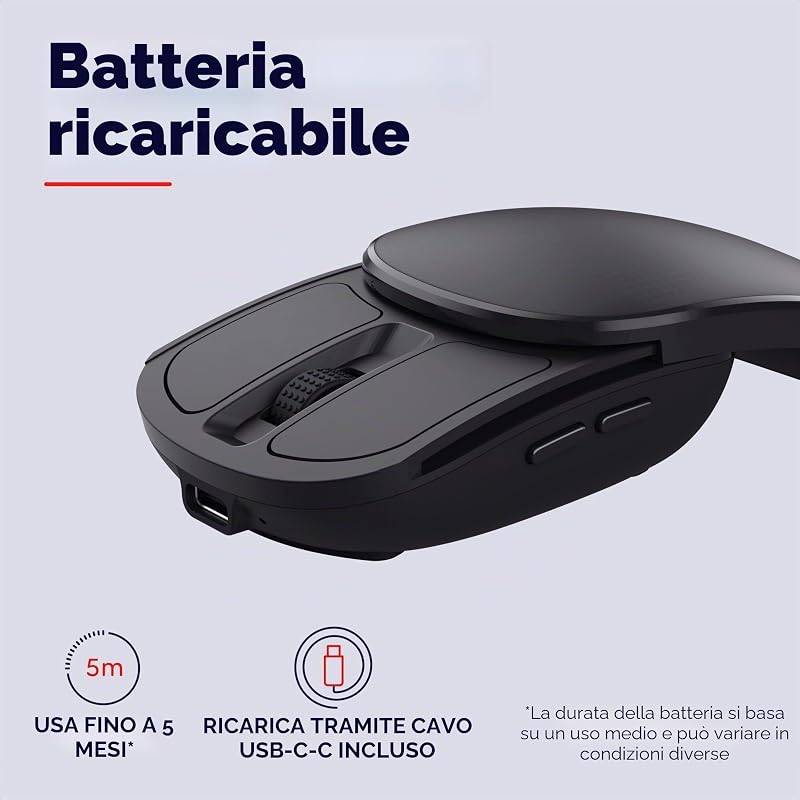 Zylo Mouse Wireless Pieghevole con Microricevitore USB-C, Nero