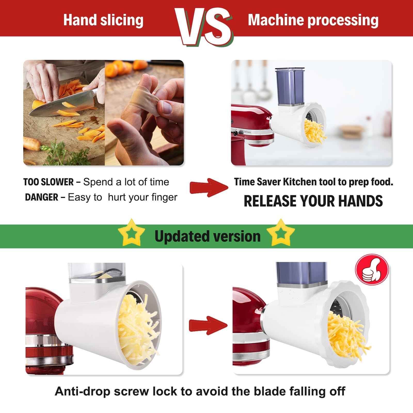Upgraded Version - Cheese Grater Slicer Shredder Attachments for All KitchenAid Stand Mixers, Food Slicers Salad Maker Accessory Vegetable Chopper with 4 Blades Dishwasher Safe