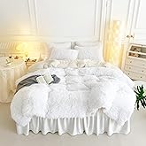 UOZZI BEDDING White Faux Fur Comforter Set King 3 Pieces - 1 White Shaggy Comforter with 2 Pillowcases - Ultra Soft and Easy Care Luxury Plush Warm Winter Duvet Set
