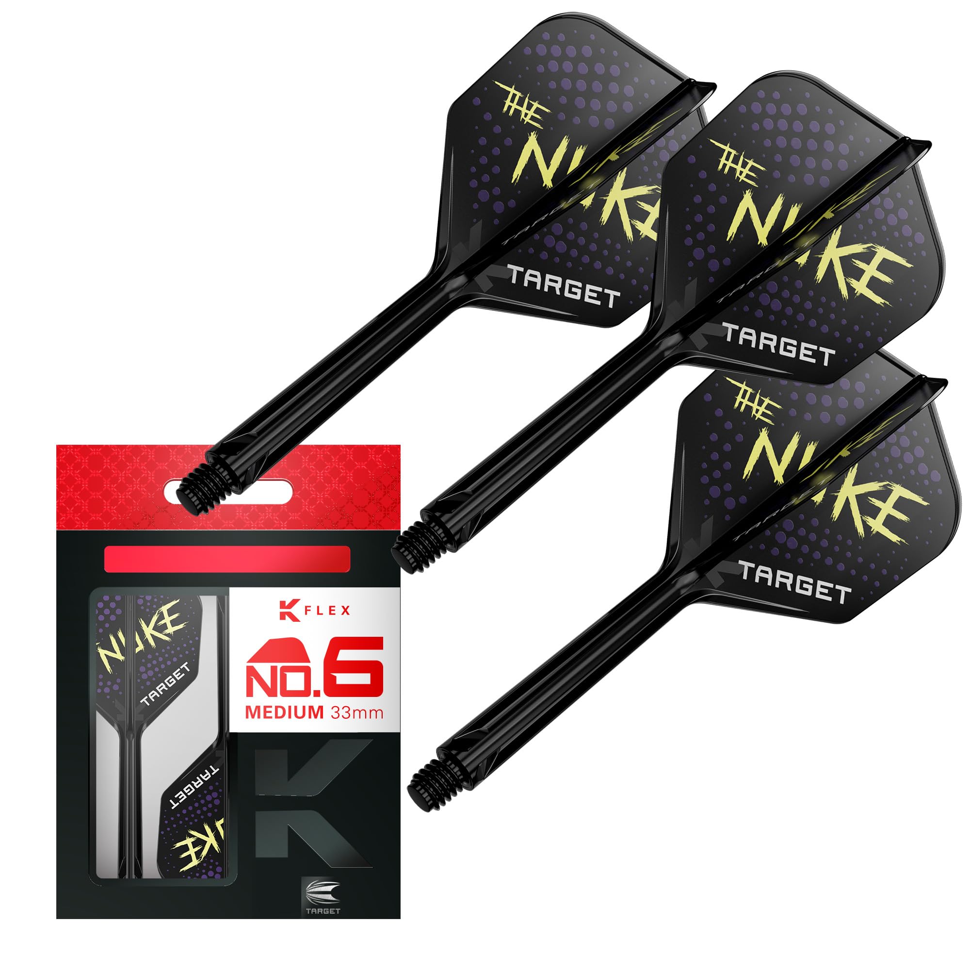Target Darts Luke Littler K Flex Flights and Shaft System, No.6 (Medium, 33mm) | Pack of 3 Kflex All In One Flights, The Nuke Player Edition Darts Accessories | K-Flex Dart Stem