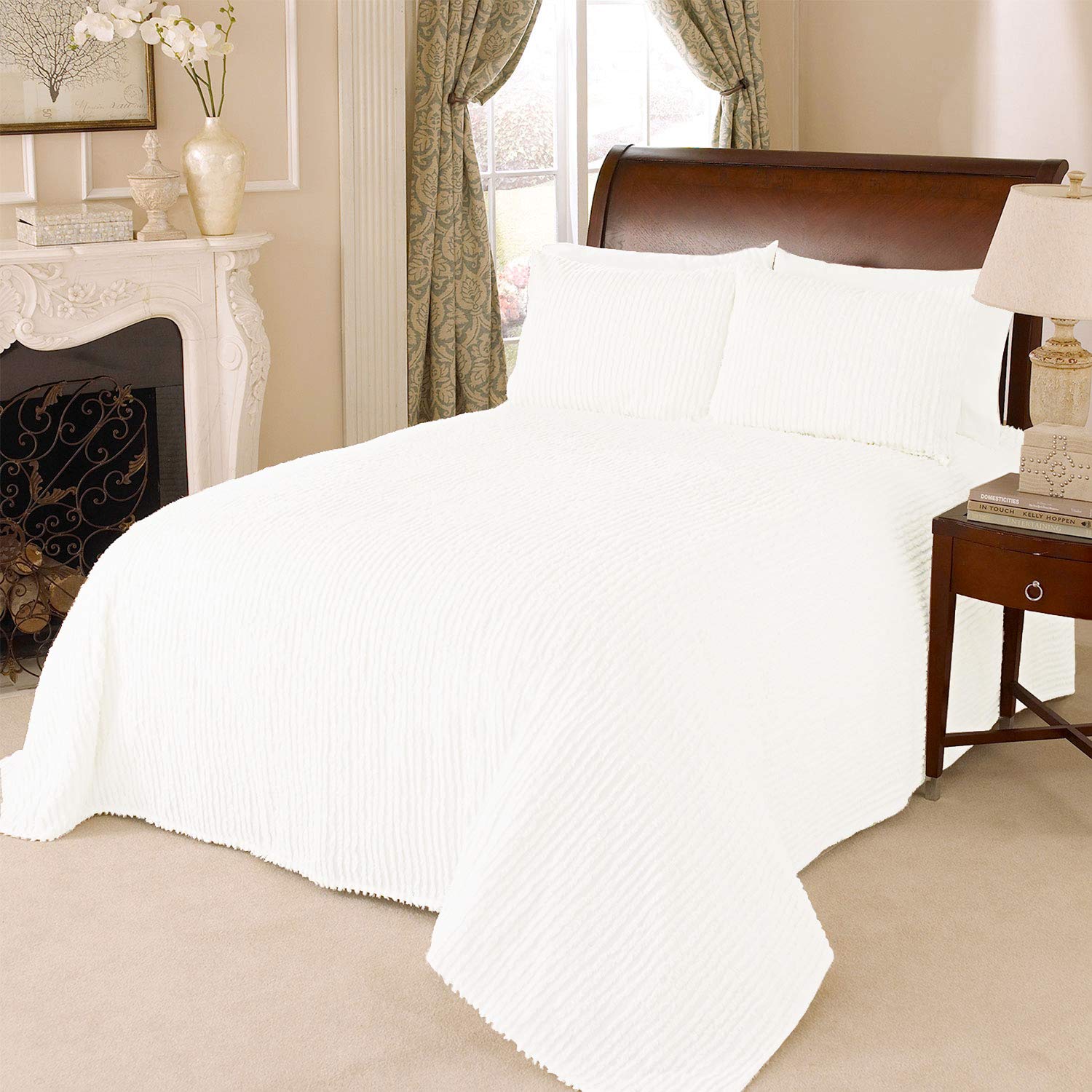 Beatrice Home Fashions Channel Chenille Bedspread, King, White