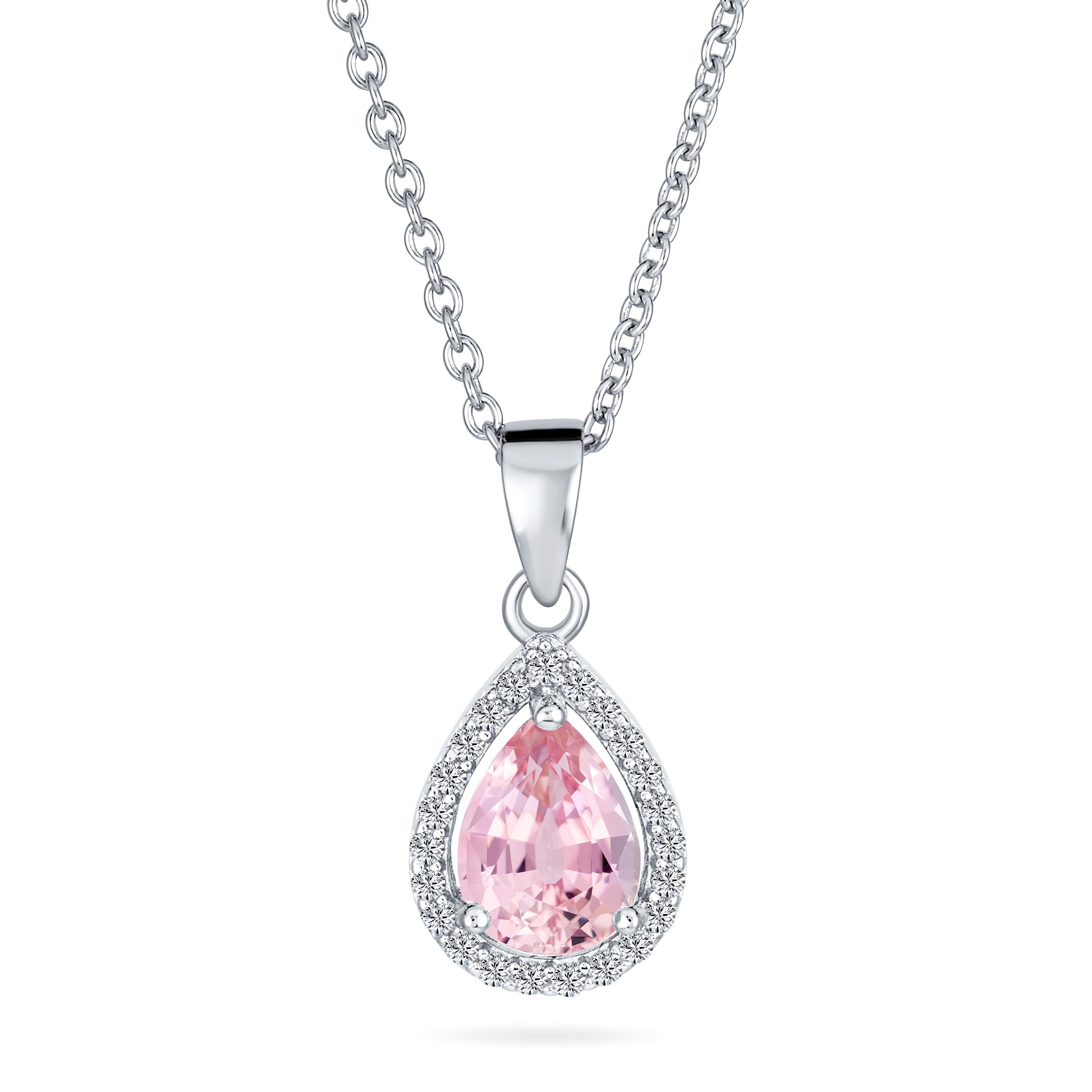 Bling Jewelry 925 Sterling Silver Victorian Vintage Style Delicate Bridal Pear Shape Pink Solitaire Cubic Zirconia AAA CZ Halo Teardrop Pendant Necklace For Women