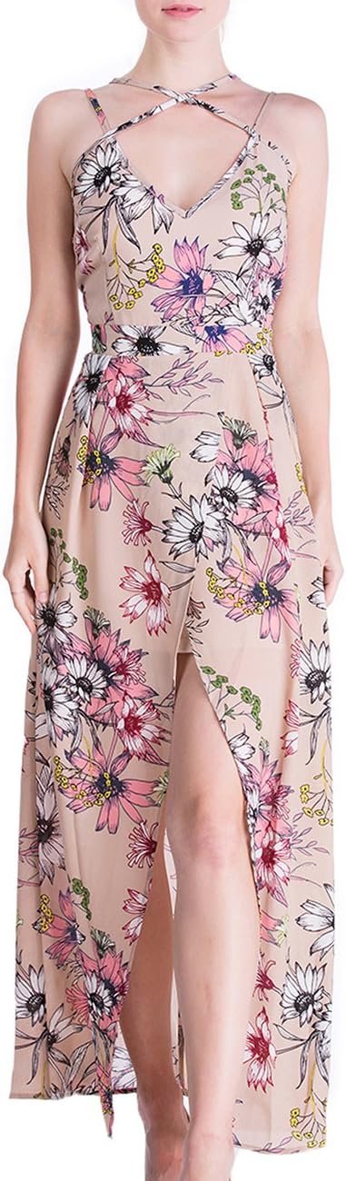 DISBEST Women's Long Maxi Dresses, V Neck Floral Print Side Slit Criss Cross Back Party Beach Maxi Dress