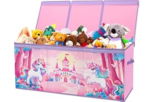 DECALSWEET Large Toy Box Chest Organizer with Flip Lid for Kids, Collapsible Oxford Toy Storage Box with Handles for Boys Girls, Sturdy Waterproof Storage Organizer for Bedroom Playroom Nursery, 37.7×12.5×15.7''