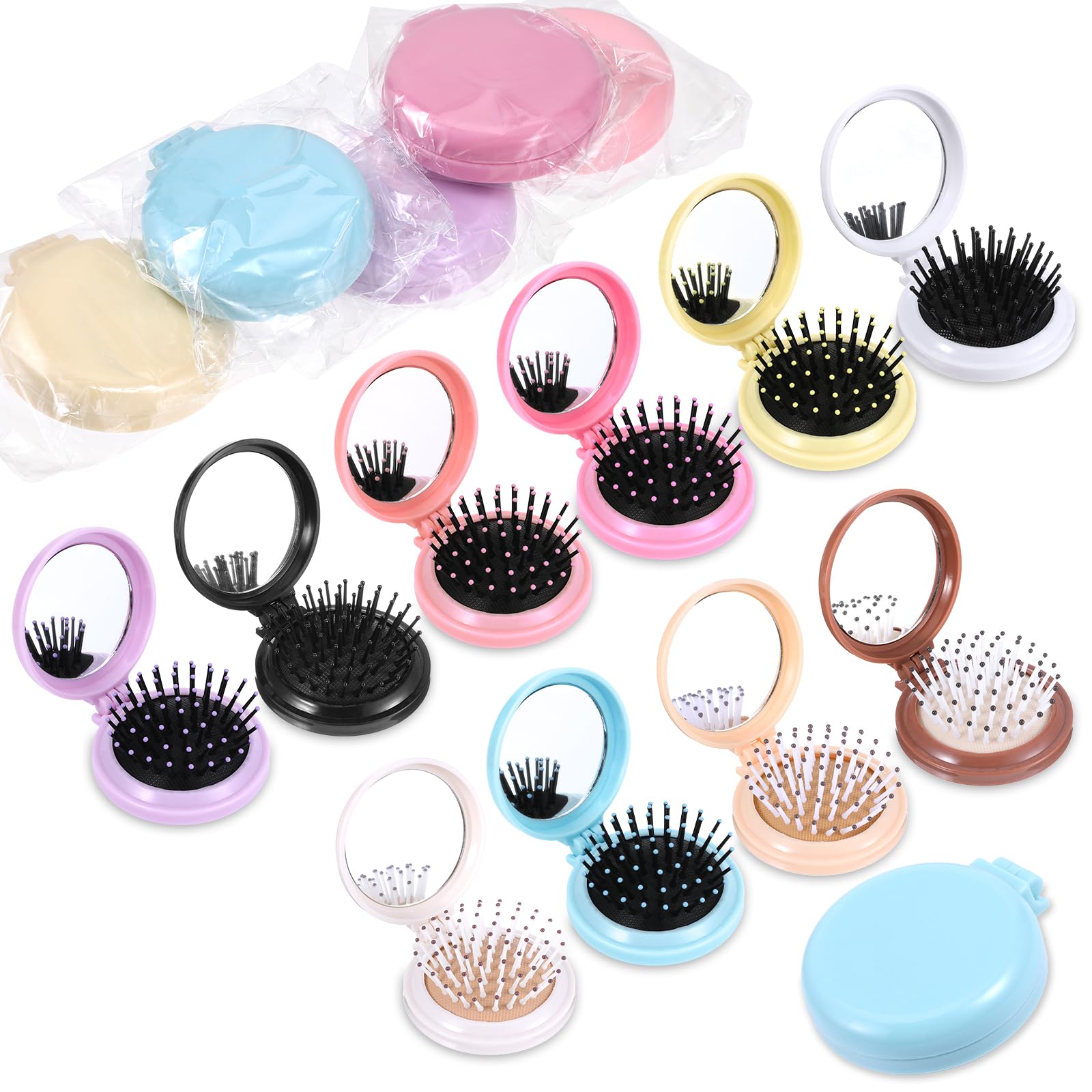 Photo 1 of 20 Pcs Folding Travel Mirror Hair Brushes Round Portable Pocket Brush Mini Compact Portable Hair Brush Mini Pop Up Hairs Brushes for Women (10 Colors)