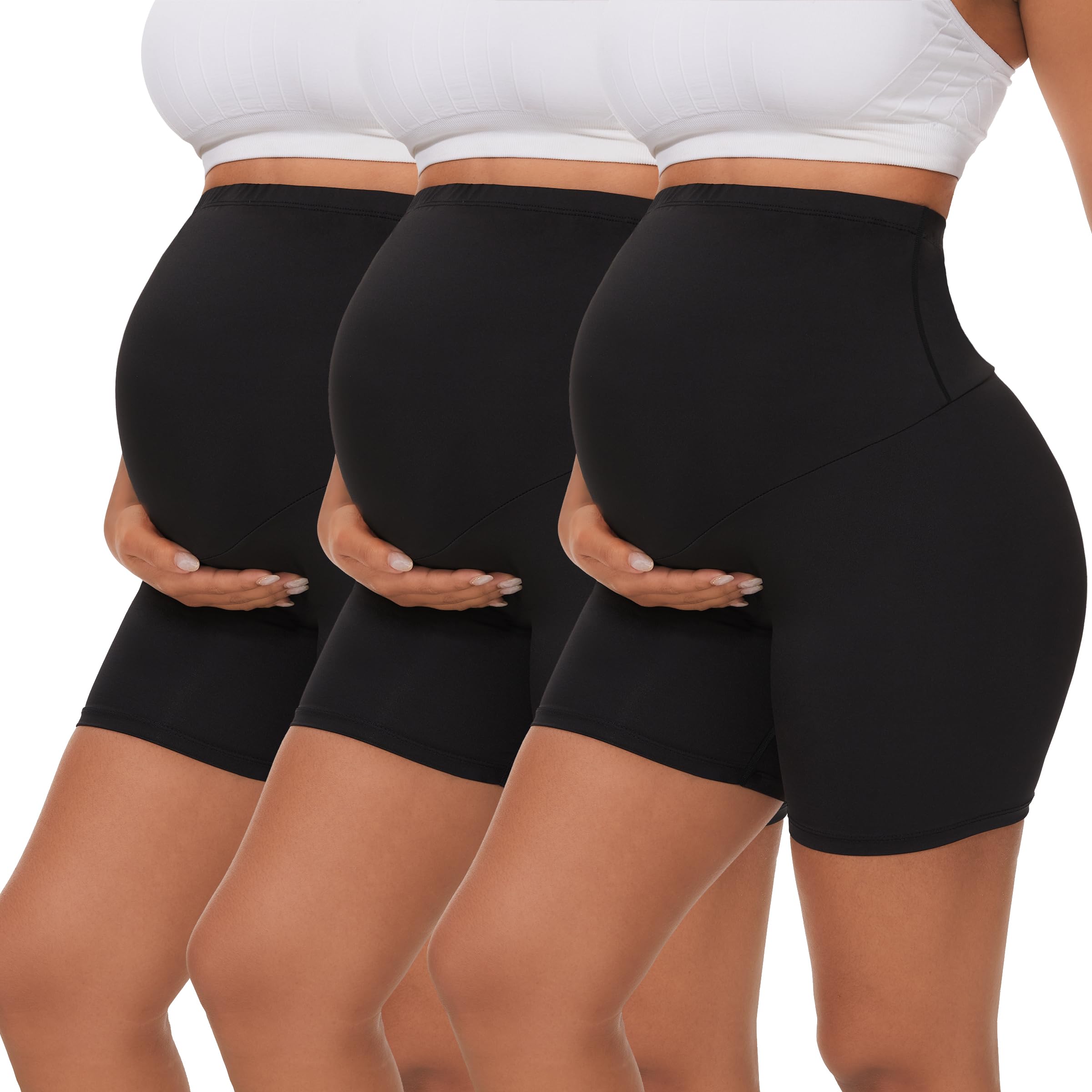 Photo 1 of Dalavch 3 Pack Women's Maternity Yoga Shorts Over The Belly Pregnancy Biker Workout Active Athletic Pregnant Shorts 5” 3 Black Small