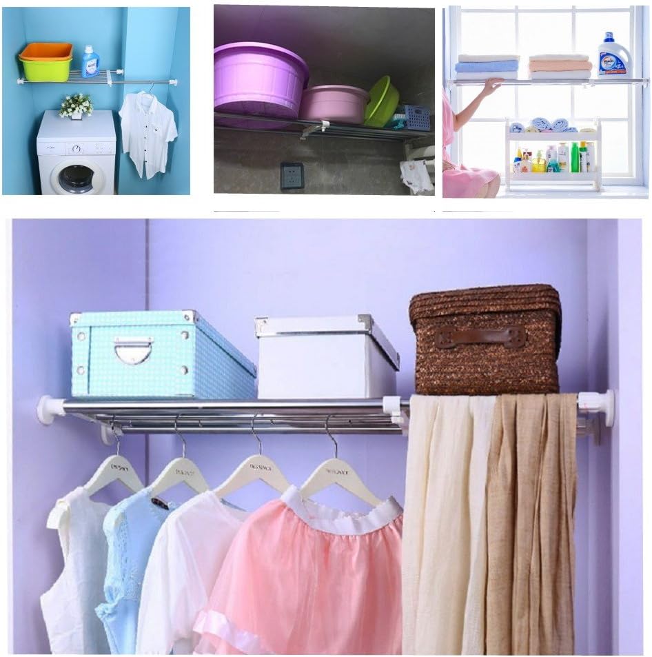 BAOYOUNI Extendable Cupboard Shelf Adjustable Wardrobe Rail Clothes Hanging Poles Tenison Rods Closet Wall Divider Metal Storage Rack Organizer for Bathroom Kitchen Garage - Image 4