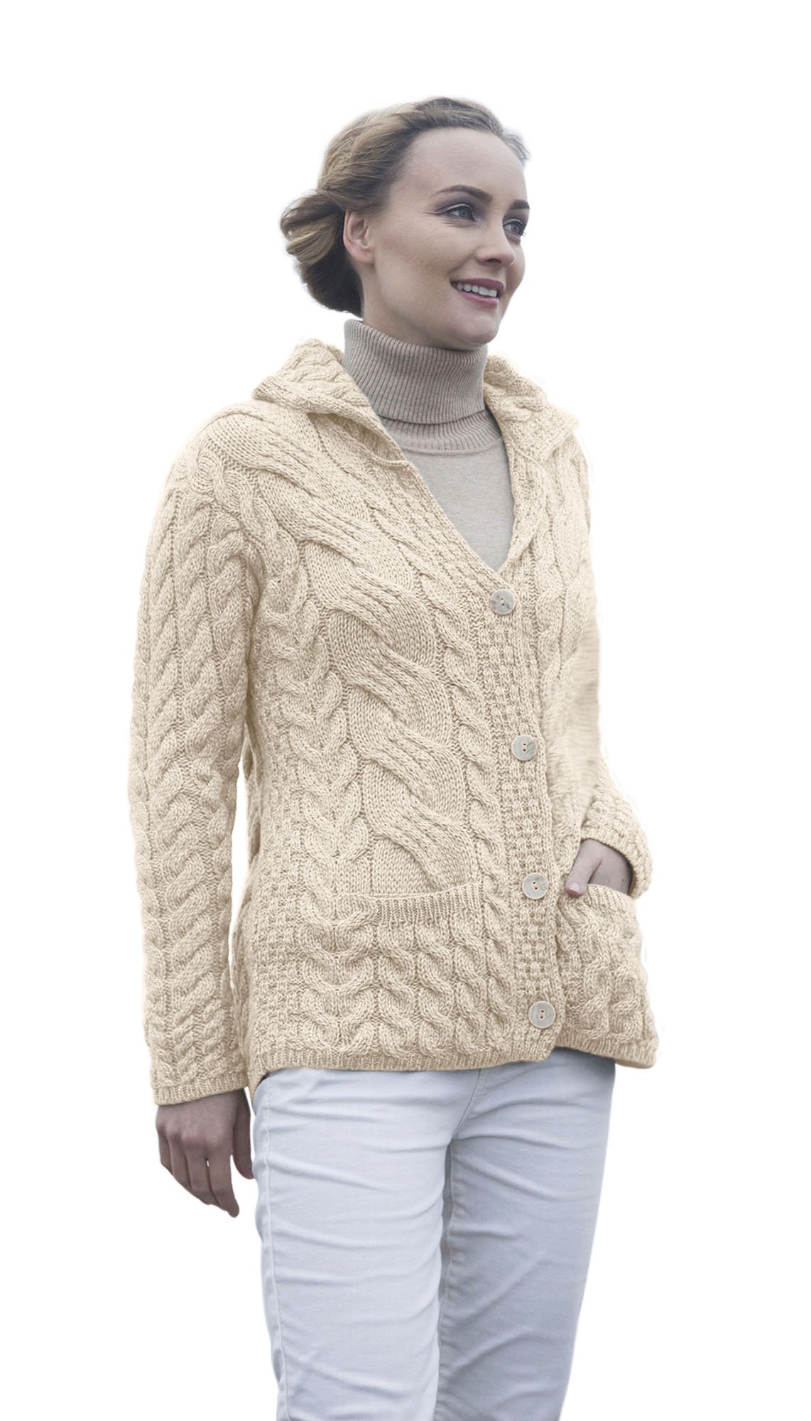 Aran Woolen Mills Ladies Buttoned Cabled Cardigan Sweater with Buttons and Pockets | Supersoft 100% Merino Wool Vest for Women (Natural, XL)