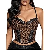 WDIRARA Women's Leopard Lace Corset Bustier Cami Top Lace Up Back Camisole Crop Tops