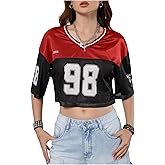 Verdusa Women's Jersey Shirts Hip Hop V Neck Short Sleeve Mesh Crop Top Graphic Tees