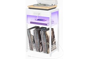 LELELINKY White Night Stand with Charging Station and LED Lights, Record Player Stand with USB Port and Type-C Port, 3 Tier Side Table with Vinyl Storage Shelf, End Tables for Bedroom Small Spaces