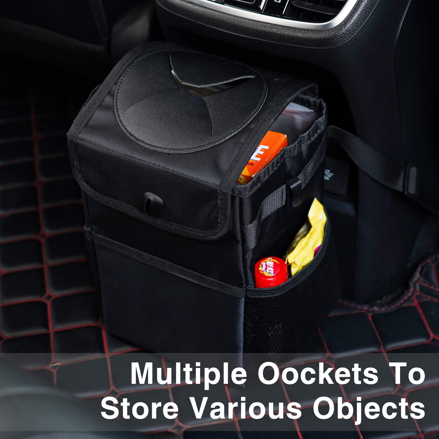 HOUSE DAY Car Trash Can with Lid and Storage Pockets, 100% Leak-Proof Car Organizer, Waterproof Car Garbage Can, Multipurpose Trash Bin for Car - Black 2.4 Gallons