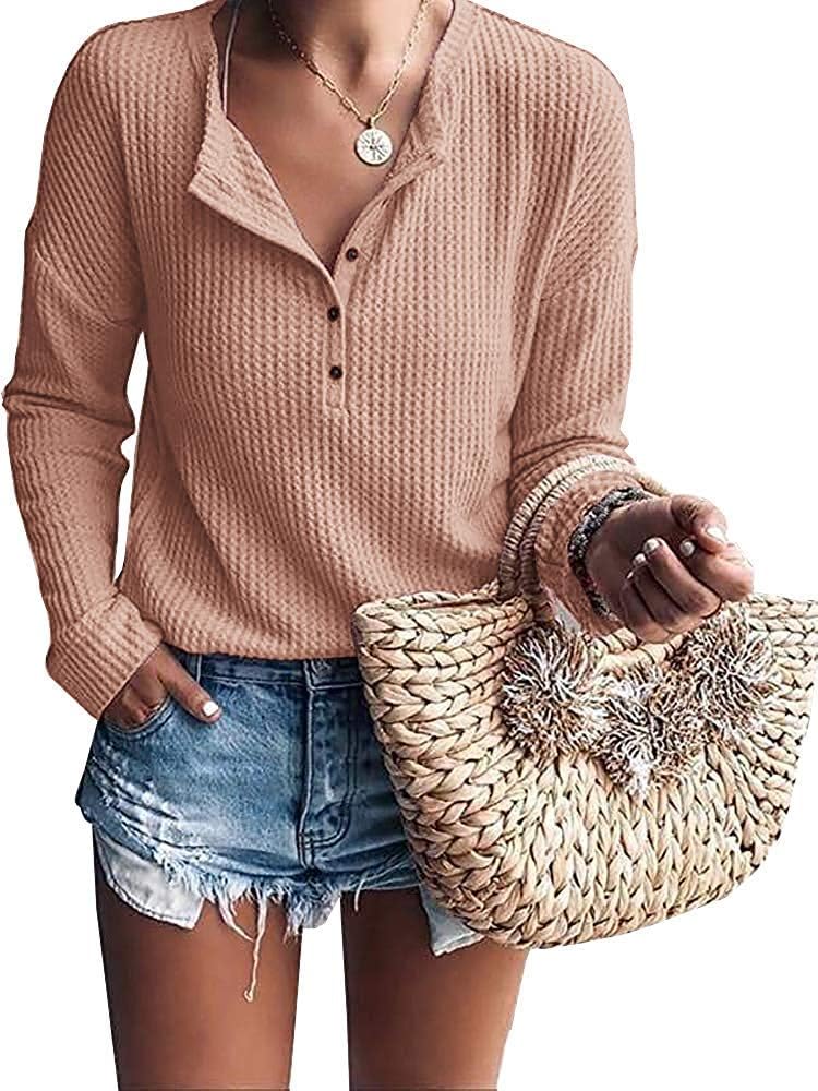 DellytopWomens Henley Shirts V Neck Long Sleeve Button Down Tops Warm Waffle Knit Tees