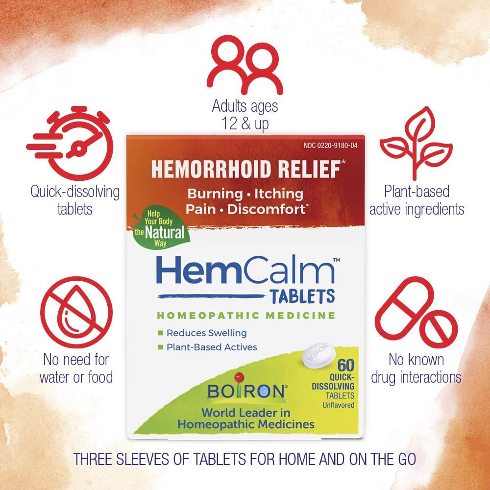 Boiron Hemcalm hemorrhoid Relief Tablets for Itchy Burning Pain, Swelling and discomfort, 60 Count: Health & Personal Care